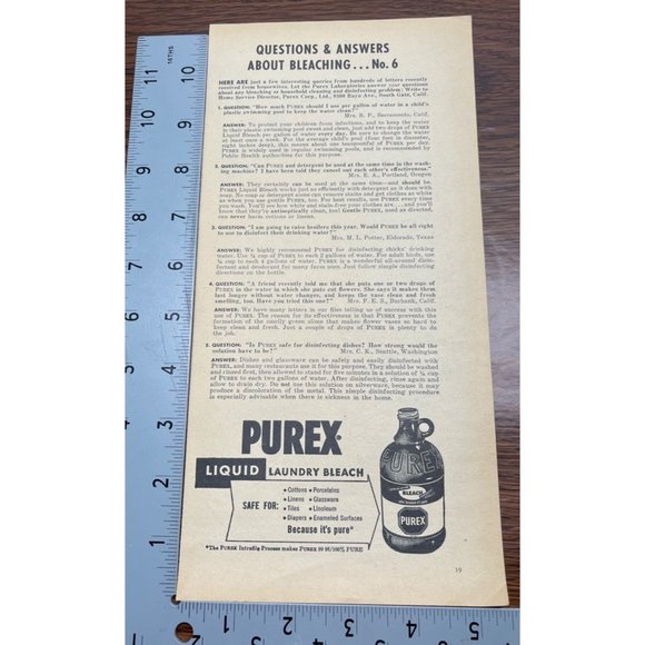 Purex Liquid Laundry Bleach Vintage Print Ad 1954 Jug Bleaching Questions Q & A - Picture 2 of 6
